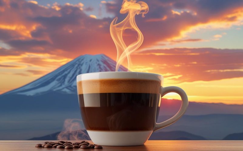 Crea una imagen de una taza recien servida de cafe y atras un amanecer en el pico de orizaba Crea una imagen de una taza recien servida de cafe y atras un amanecer en el pico de orizaba